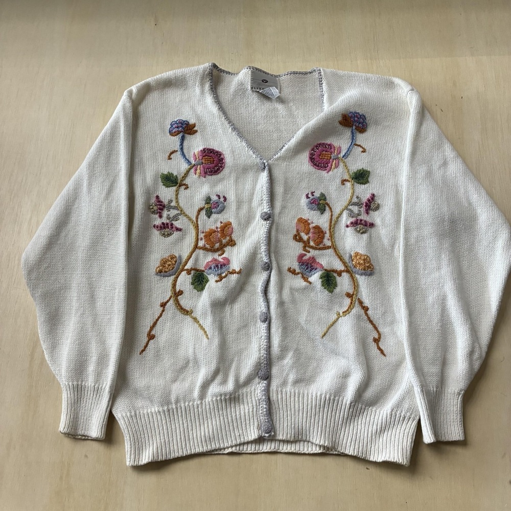 Vintage Worthington Cardigan Sweater Womens Med Floral Embroidered Button Knit